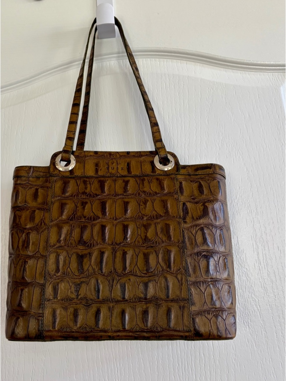 TUSK Croc-Embossed Brown Leather Tote Purse Bag